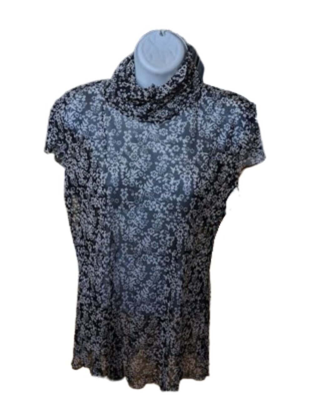 ---  Long Black White Sheer Floralt Top Size Medium